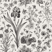 Seamless Floral Pattern. Vector Vintage Botanical Illustration. Black And White
