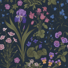 Seamless Floral Pattern. Twilight Garden. Vector Vintage Botanical Illustration. Magic Colors