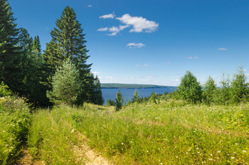 Wall Mural - beautiful summer landscape with sloping meadow, hay, forest and river with blue sky with clouds.