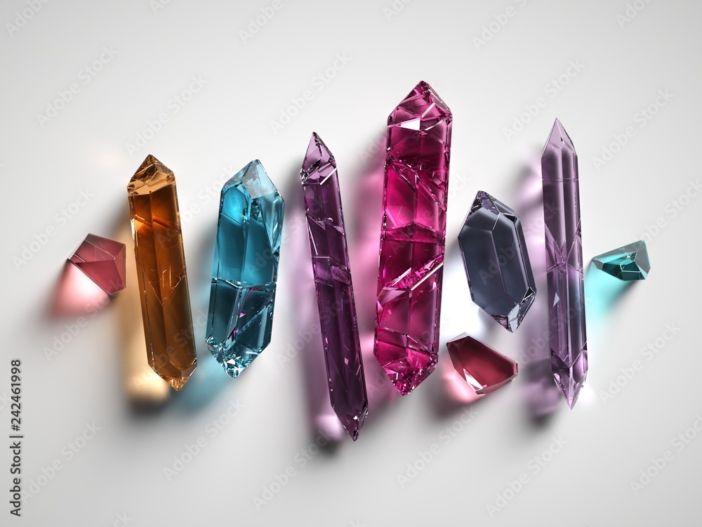 3d render, colorful spiritual crystals isolated on white background, reiki healing minerals, rough nuggets, faceted fashion gemstones, pink purple quartz, semiprecious gems - obrazy, fototapety, plakaty 
