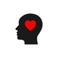 Black isolated icon of head of man and red heart on white background. Silhouette of head of man and heart. Love think. Flat design.