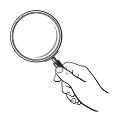 Hand holding magnifying glass. Search and analysis concept. Black and white sketch. Hand drawn vector illustration isolated on white.