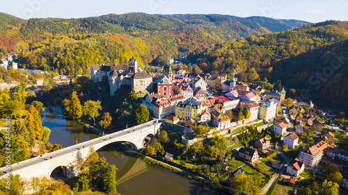 Cuadros en Lienzo Aerial view of medieval town Loket nad Ohri near Karlovy Vary spa in Czech Republic