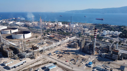 Wall Mural - Aerial drone photo of working industrial oil refinery and power plant