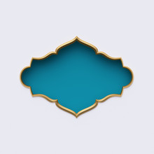 3d Render, Blue Gold Arabic Frame, Ornate Shape, Tribal Decor, Festive Greeting Card Template, Arabesque Design, Empty Banner, Isolated On White Background