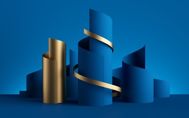 Wall Mural - 3d render, paper ribbon rolls, abstract shapes, blue fashion background, gold foil, swirl, scroll, curl, spiral, cylinder