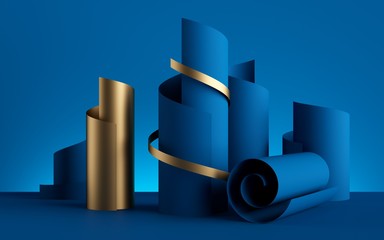 Wall Mural - 3d render, paper ribbon rolls, abstract shapes, blue fashion background, gold foil, swirl, scroll, curl, spiral, cylinder
