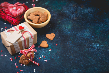 Gift box with and cookies in the shape of heart.