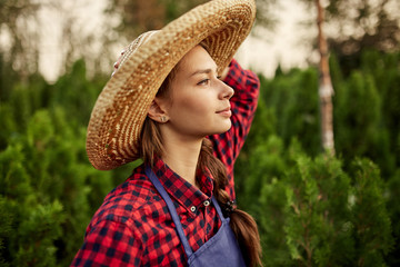 Wall Mural - Charming girl gardener in a straw hat stands in the nursery-garden with a lot of thujas on a warm sunny day.