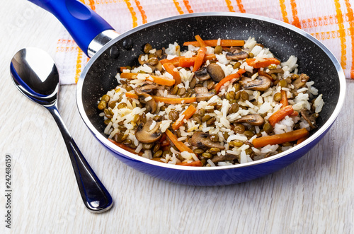 Fotografie, Obraz Cooked mushroom, lentils, rice in frying pan, napkin, spoon on table
