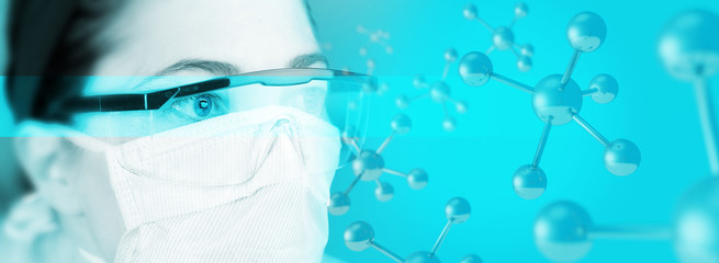 Wall Mural - Scientist in a blue molecolare background