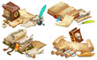 Set isometric books of magic spells and witchcraft, royal scrolls and parchments, old paper. Fairy tale icon in cartoon style  for computer game. Isolated 3d vector illustration.