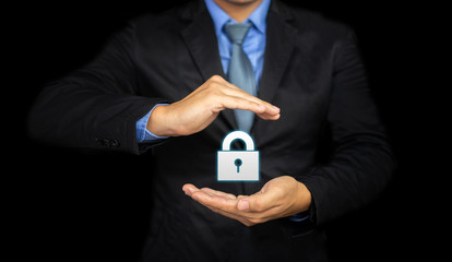 Poster - businessman hand sign general data protection regulation (GDPR) and key icon concept.business technology for the internet of things (IOT) Data Security insurance system Shield Protect Verification