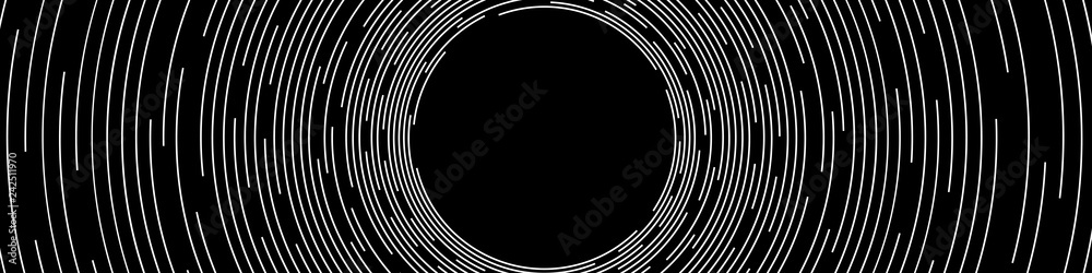 Abstract White Concentric Round Lines on Black Background - Wide Vector Illustration - obrazy, fototapety, plakaty 