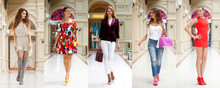 Collage Of Five Different Young Women In Bright Fashionable Clothes