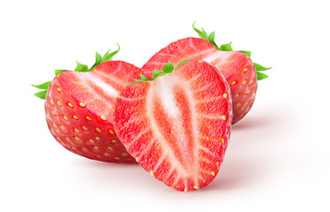 Wall Mural - Isolated strawberries. Three cut strawberry fruits isolated on white background, with clipping path