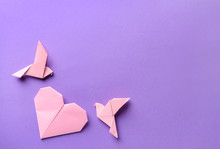 Origami Birds And Heart On Color Background