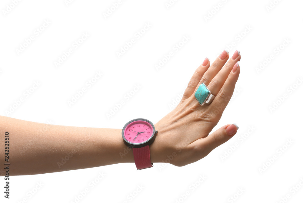Female hand with stylish watch and ring on white background