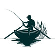 Fisherman with a fishing rod in the boat and reeds