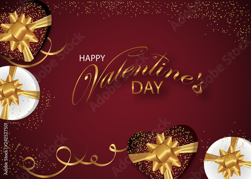 Valentines Day Red Background Decorated Boxes With Gold Bows And