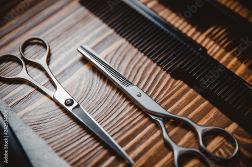 Hairstylist Accessories In Barber Shop Wood Background Buy This