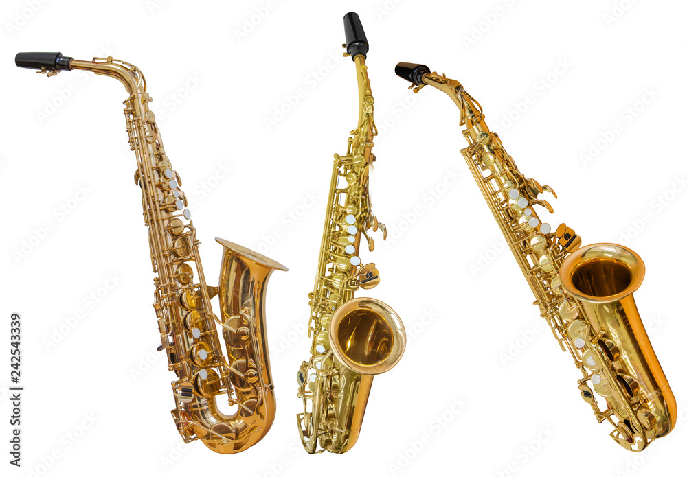 classical wind musical instrument saxophone isolated on white background - obrazy, fototapety, plakaty 