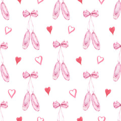 Watercolor hand painted seamless pattern of ballet slippers.