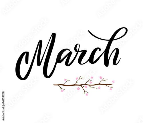 March Month Name Handwritten Lettering With Branch Of Tree Spring