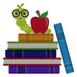 Happy Bookworm on Stack of Books Illustration - Cute happy bookworm wearing glasses next to red apple on stack of books isolated on white background