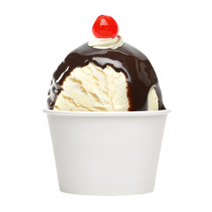 Wall Mural - Vanilla sundae ice cream and chocolate sauce in blank cardboard cup with clipping path isolated on white background