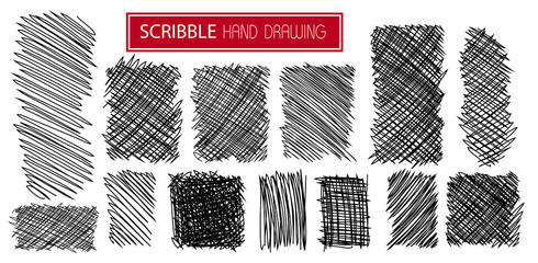 set of hand drawn scribble symbols isolated on white. doodle style sketches. shaded and hatched badg