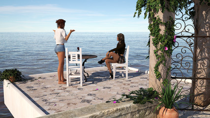 3d illustration of two women with one sitting and one standing talking on a seaside patio.