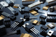 Microelectronic components close-up. Golden electronic microchips.