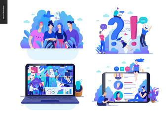 Business series set, color 2 -modern flat vector concept illustrated topics - about the company, faq - support, office life, reviews. Creative landing web page design template