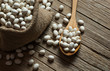 White dried haricot kidney beans on wooden table , heap of legume bean concept. Legumes background

