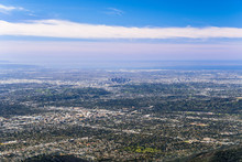 Panoramic Aerial View Of Los Angeles Downtown And The Metropolitan Area Surrounding It; Pasadena In The Foreground; Santa Monica And The Pacific Ocean Coastline In The Background, South California