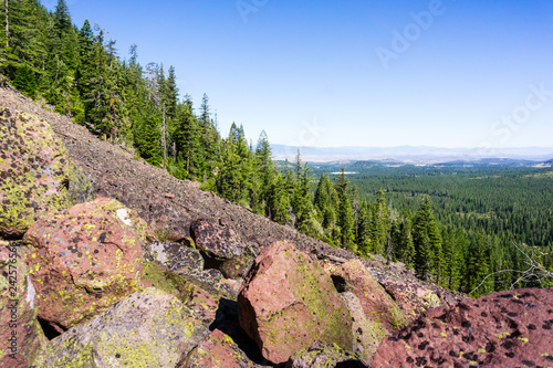 Fotografie, Obraz Rocky landscape with evergreen forests in the background, Siskiyou County, North