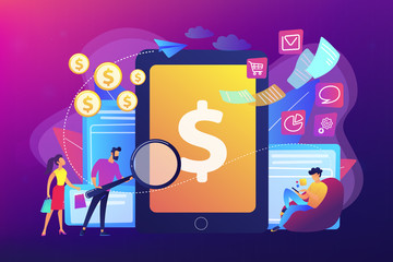 Wall Mural - Clients with magnifier get e-invoicing and pay bills online. E-invoicing service, electronic invoicing, e-billing system and e-economy tools concept. Bright vibrant violet vector isolated illustration