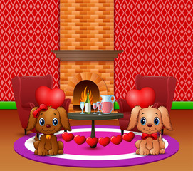 Two dogs bite heart balloons in a romantic living room