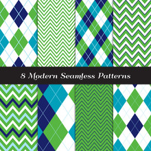 Golf Style Chevron And Argyle Seamless Patterns In Grass Green, Navy, Blue And White With Sky Blue Stripes. Modern Preppy Style Prints. Pattern Tile Swatches Included.