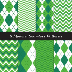 Wall Mural - St. Patrick's Day or Golf Theme Emerald and Grass Green Argyle and Chevron Seamless Vector Patterns.  Repeating Pattern Tile Swatches included.