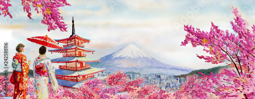 Famous landmarks of Japan in spring. Canvas