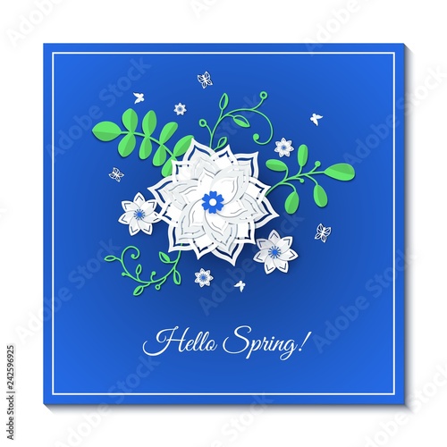Paper Cut Design With Flower Composition On Blue Sheet Beautiful