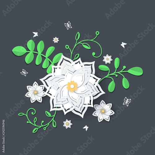 Paper Cut Design With Flower Composition Beautiful Background