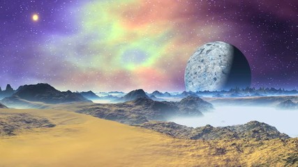 Wall Mural - Alien Moon and Nebula. The starry sky colorful nebula and bright sun. The blue planet (moon) slowly flies away. The mountains and desert plains are brightly lit. In the lowlands thick white fog.