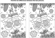 Winter, New Year Or Christmas Themed Find The Ten Differences Picture Puzzle And Coloring Page With Santa's Mittens. 
