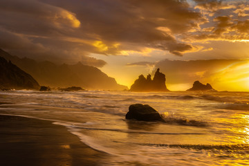 Wall Mural - beautiful sea landscape, sunset over the atlantic beach,benijo beach, tenerife