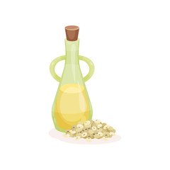 Canvas Print - Glass bottle of natural oil and heap of oatmeal flakes. Organic product. Ingredient for cooking. Flat vector icon