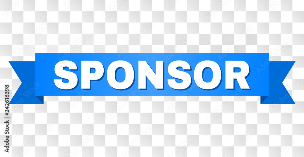 SPONSOR text on a ribbon. Designed with white caption and blue tape. Vector banner with SPONSOR tag on a transparent background.
