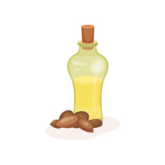 Canvas Print - Glass bottle of organic almond oil and heap of nuts. Natural product used in culinary and cosmetics. Flat vector icon